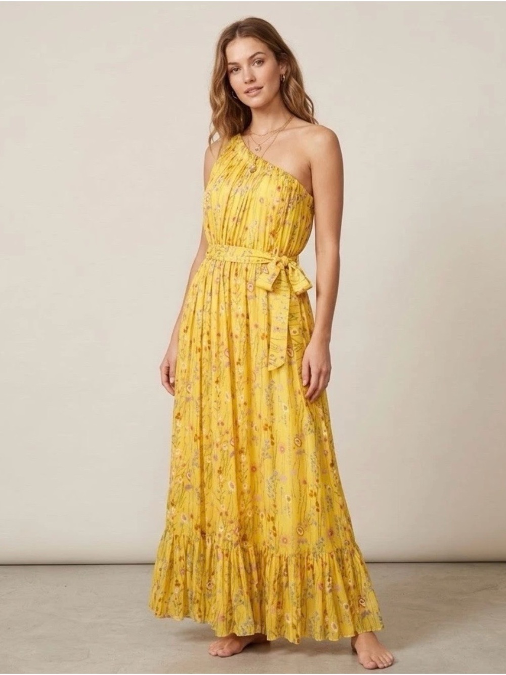 Alexis Teodora Dress size M One-Shoulder Yellow Floral Midi Dress